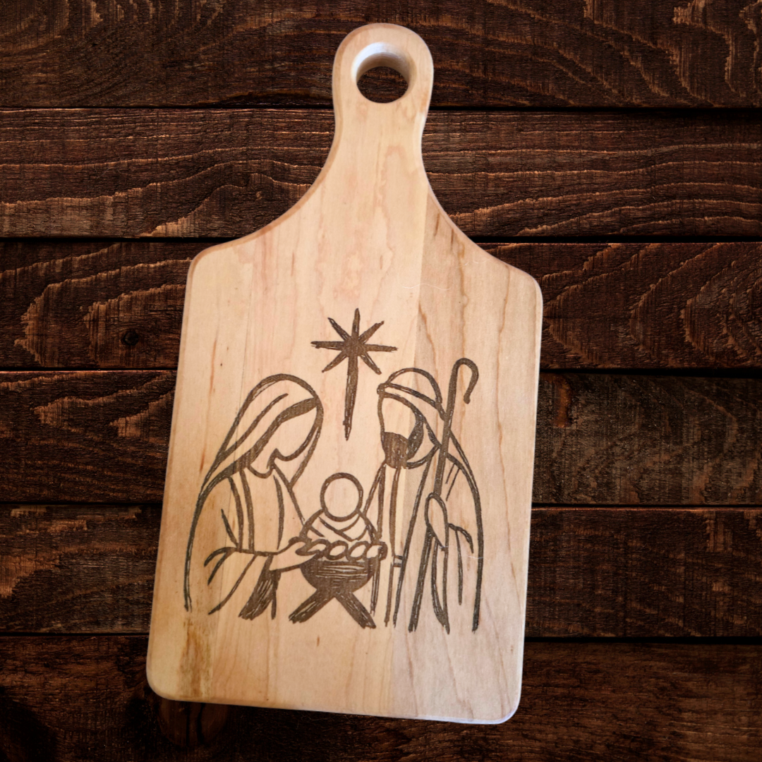 Nativity Cutting Board | Maple Paddle Bread Board | Mary Joseph & Baby Jesus | Christian Christmas Decor