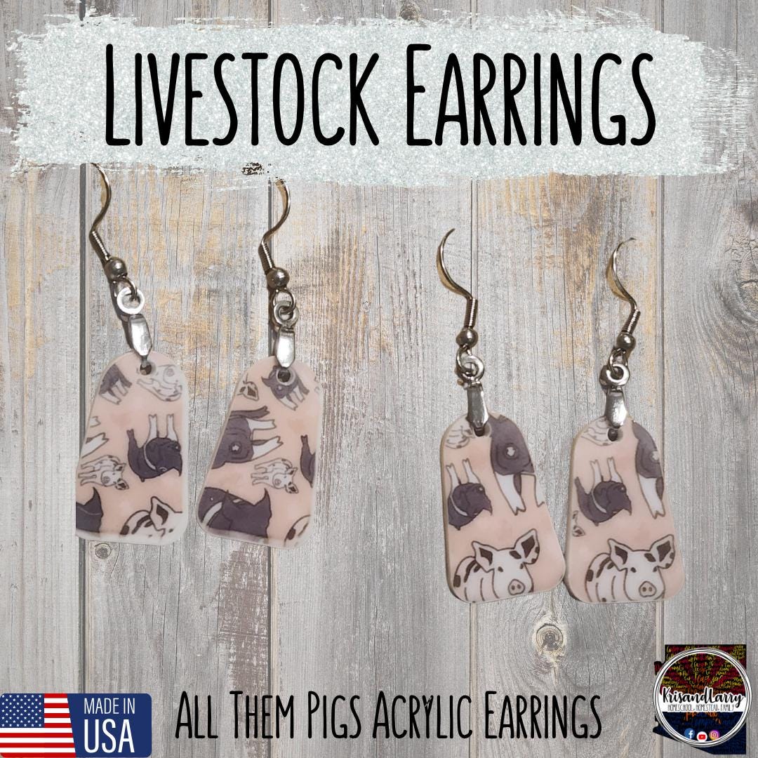 Pig Print Acrylic Earrings – Bell & Round Tag Shapes – Lightweight, 1" Long – “All Them Pigs” Design – Nickel-Free Hooks