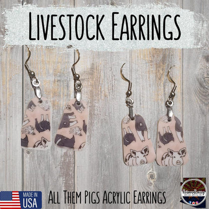 Pig Print Acrylic Earrings – Bell & Round Tag Shapes – Lightweight, 1" Long – “All Them Pigs” Design – Nickel-Free Hooks