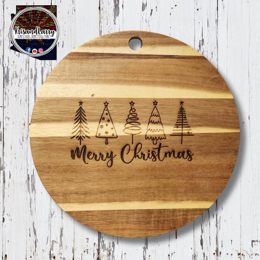 Merry Christmas, Christmas Trees round circle acacia cutting , serving board
