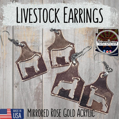 Mirrored Rose Gold Livestock Tag Earrings,  Lightweight Acrylic Jewelry, Show Animal Cutouts, 4H FFA Gift, Steer, Lamb, Pig, Turkey, Chicken
