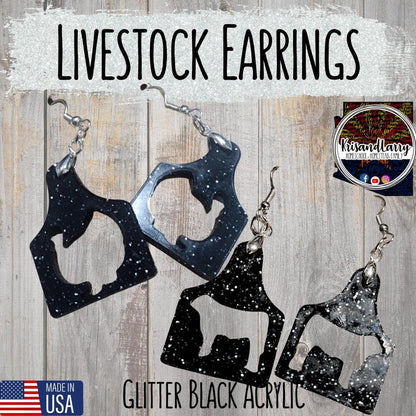 Black Glitter Acrylic Livestock Tag Earrings – Lightweight Show Animal Jewelry – 4H FFA Gift – Farm Girl Style – Goat, Pig, Steer, Lamb,
