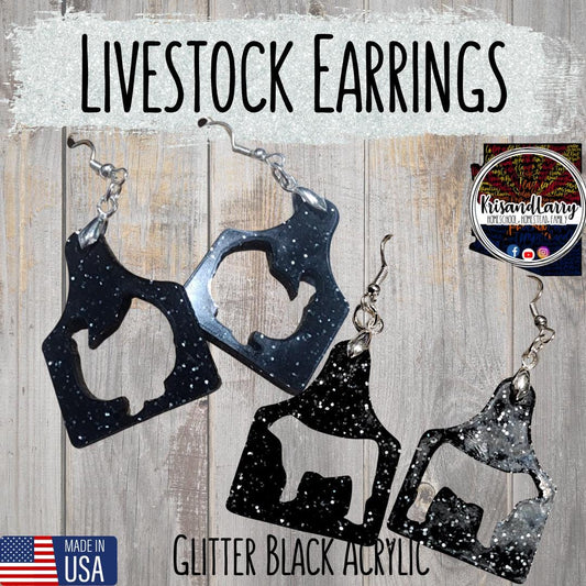 Black Glitter Acrylic Livestock Tag Earrings – Lightweight Show Animal Jewelry – 4H FFA Gift – Farm Girl Style – Goat, Pig, Steer, Lamb,