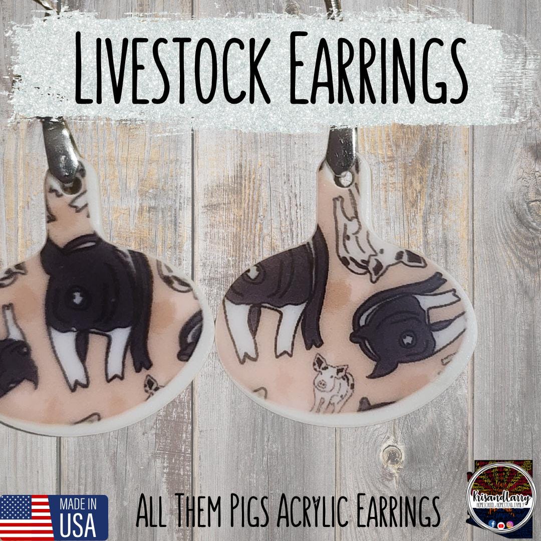 Pig Print Acrylic Earrings – Bell & Round Tag Shapes – Lightweight, 1" Long – “All Them Pigs” Design – Nickel-Free Hooks