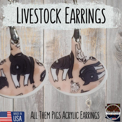 Pig Print Acrylic Earrings – Bell & Round Tag Shapes – Lightweight, 1" Long – “All Them Pigs” Design – Nickel-Free Hooks