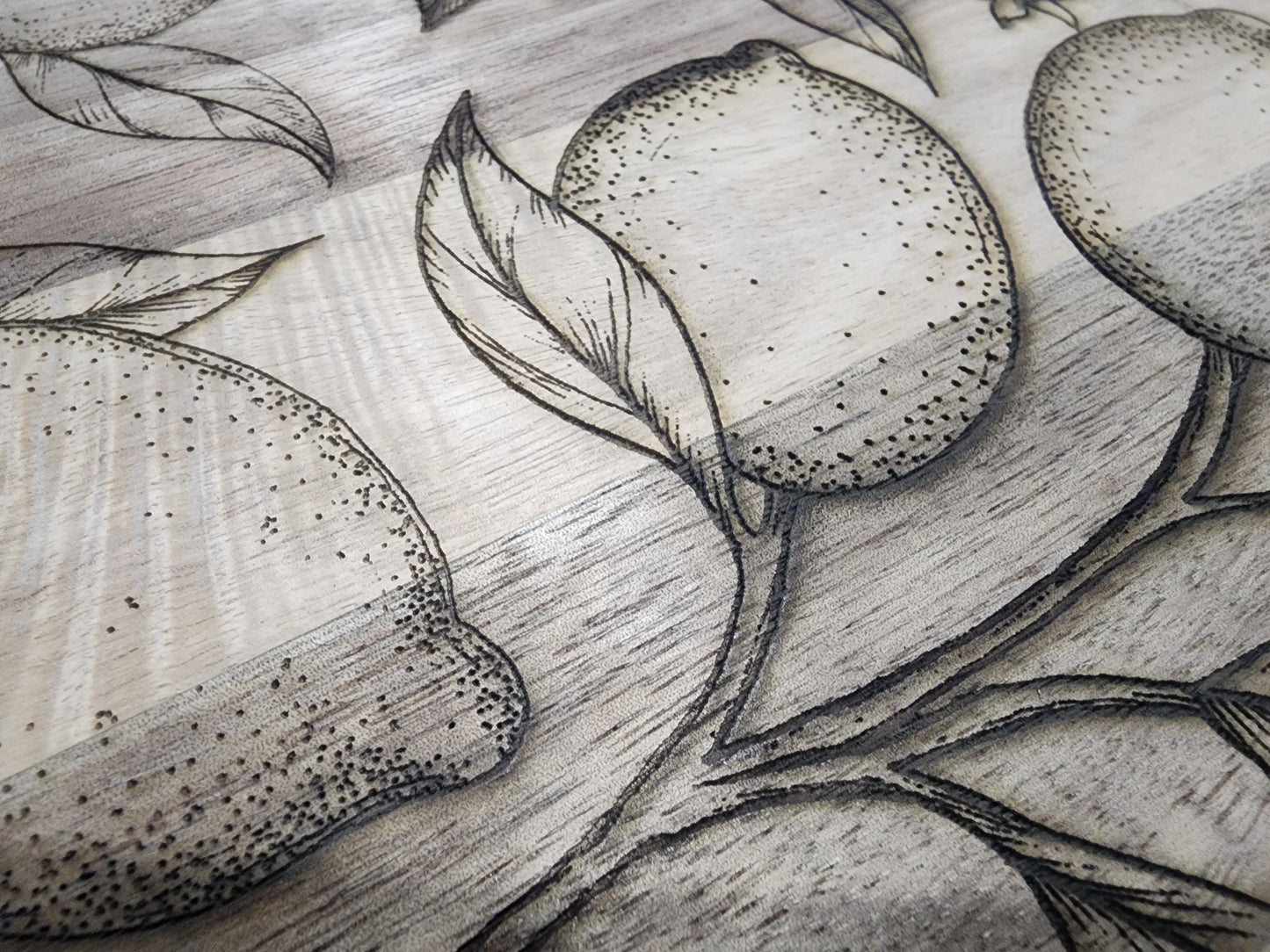Lemon Leaves Acacia Cutting Board with Handle | Small Round Rustic Charcuterie Tray | Farmhouse Kitchen Gift | KrisandLarry