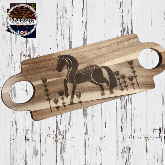 Folk Art Saddled Horse & Flowers Acacia Cutting Board