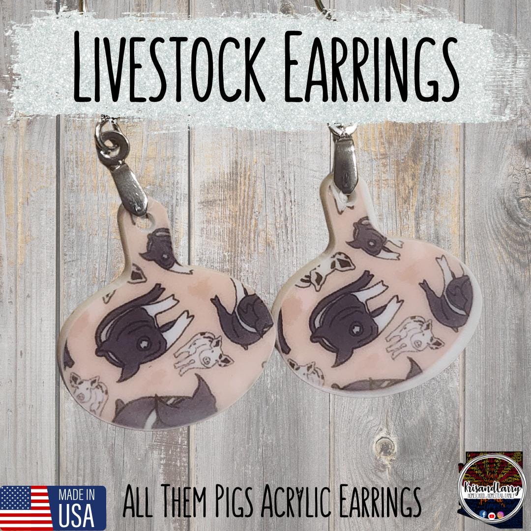 Pig Print Acrylic Earrings – Bell & Round Tag Shapes – Lightweight, 1" Long – “All Them Pigs” Design – Nickel-Free Hooks