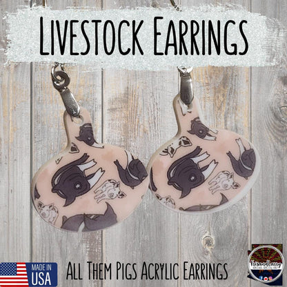 Pig Print Acrylic Earrings – Bell & Round Tag Shapes – Lightweight, 1" Long – “All Them Pigs” Design – Nickel-Free Hooks