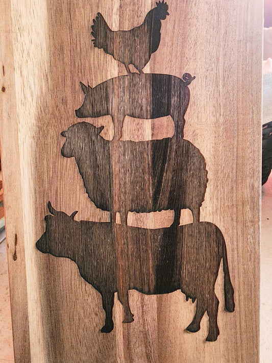 Rectangle Acacia laser etched Deviled Egg Board, 18 eggs, Platter, Cutting Board, Tray, farm stacked animals