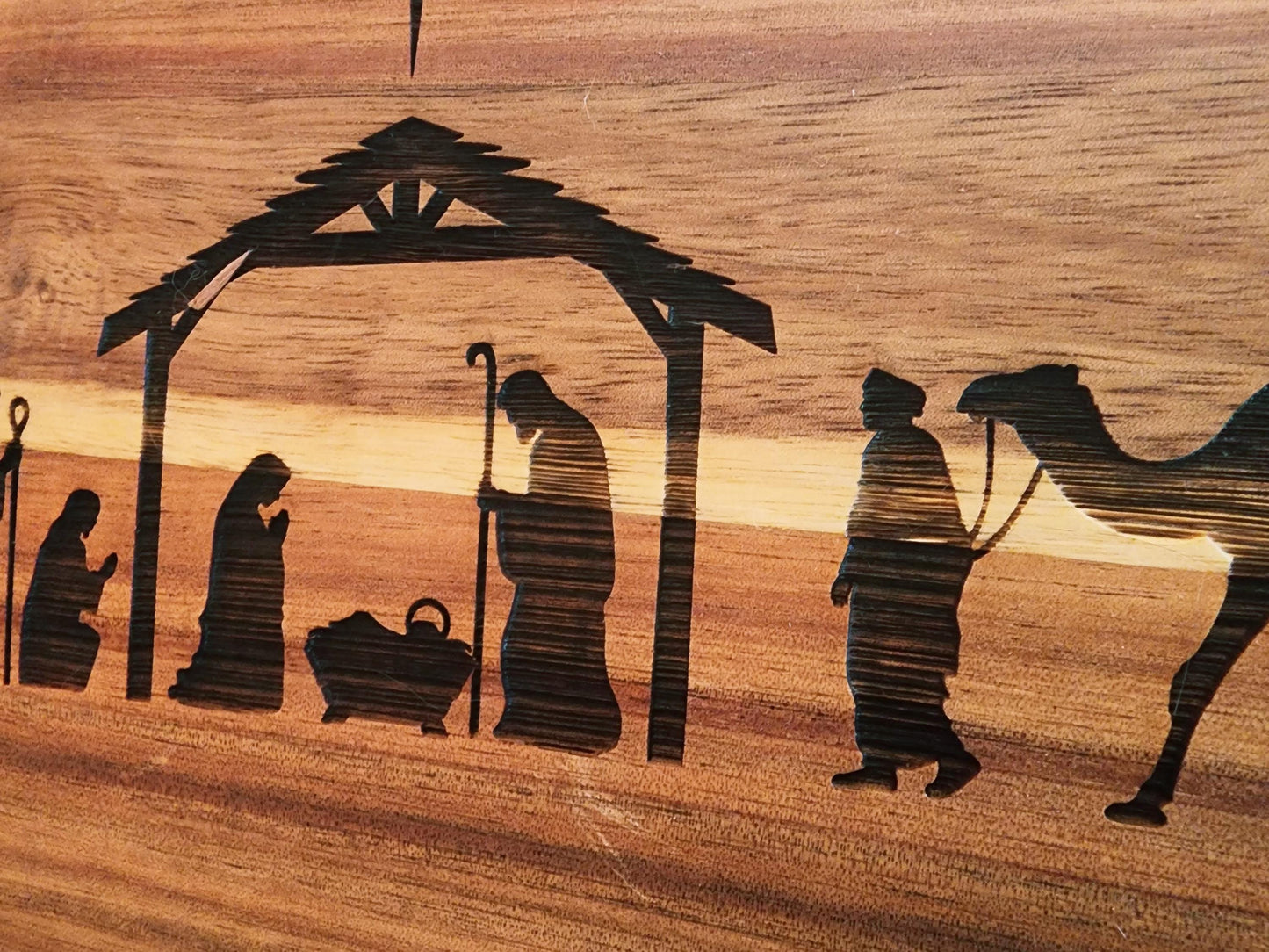 Nativity Acacia laser etched double handled cutting board for Fall, Christmas, original art
