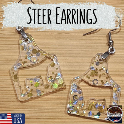 Clear Acrylic Livestock Tag Earrings – Gold & Silver Glitter – Show Animal Cutouts – 4H FFA Gift – Lightweight Farm Jewelry, Pig, Goat, lamb