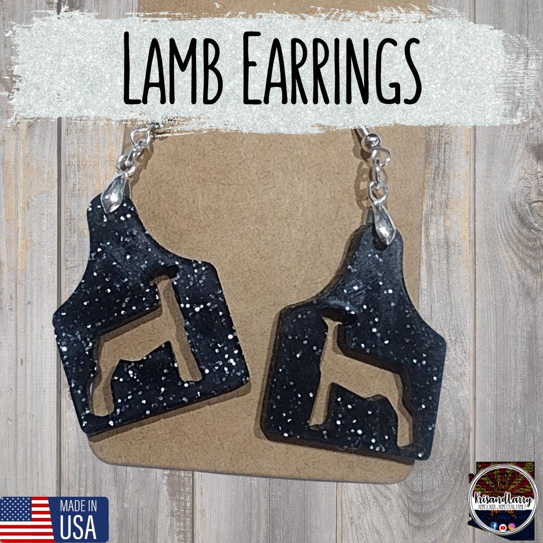 Black Glitter Acrylic Livestock Tag Earrings – Lightweight Show Animal Jewelry – 4H FFA Gift – Farm Girl Style – Goat, Pig, Steer, Lamb,