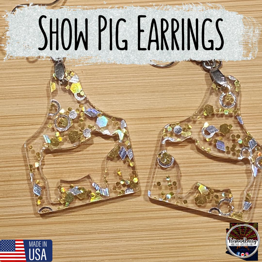 Clear Acrylic Livestock Tag Earrings – Gold & Silver Glitter – Show Animal Cutouts – 4H FFA Gift – Lightweight Farm Jewelry, Pig, Goat, lamb
