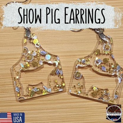 Clear Acrylic Livestock Tag Earrings – Gold & Silver Glitter – Show Animal Cutouts – 4H FFA Gift – Lightweight Farm Jewelry, Pig, Goat, lamb