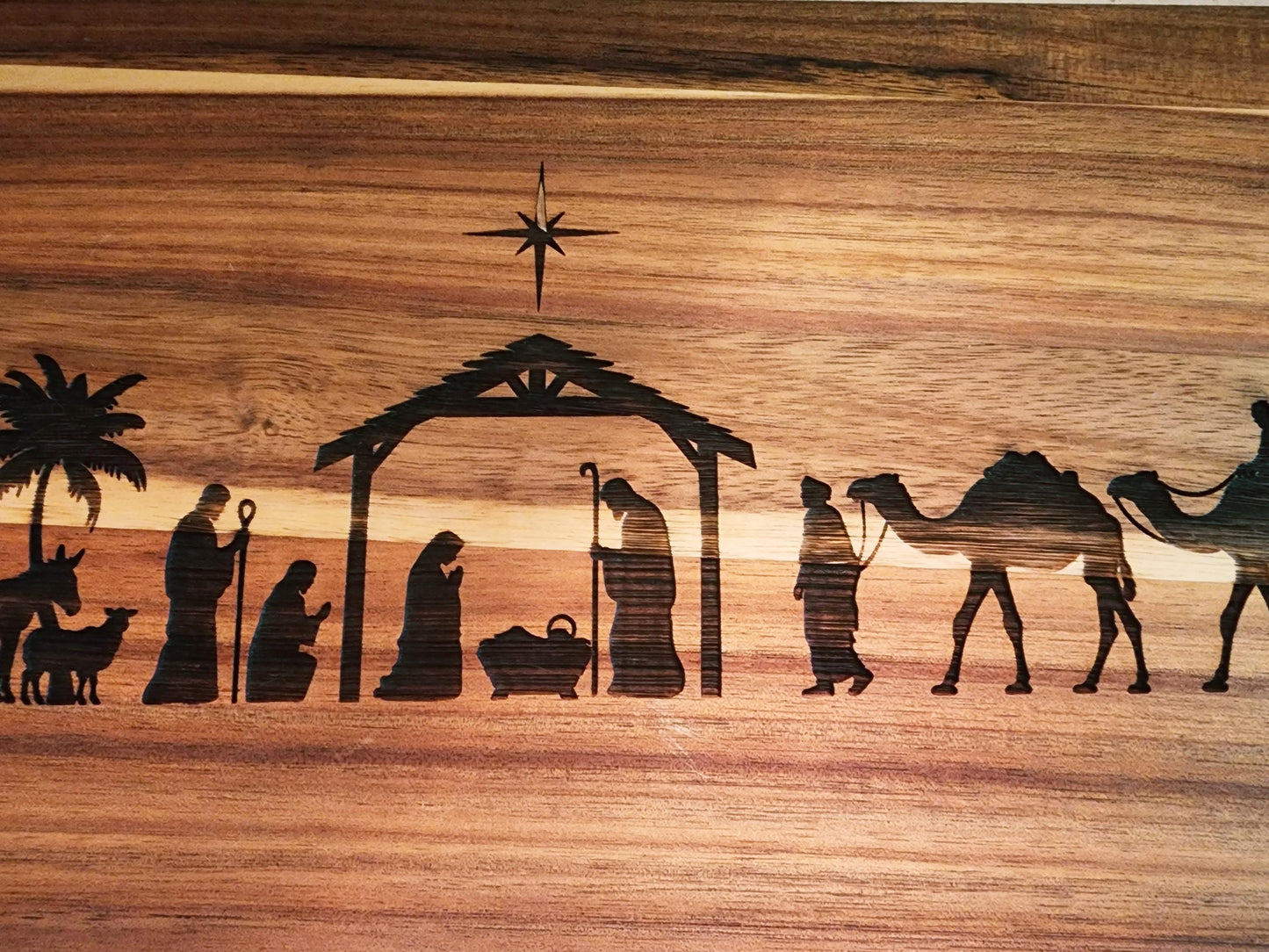 Nativity Acacia laser etched double handled cutting board for Fall, Christmas, original art