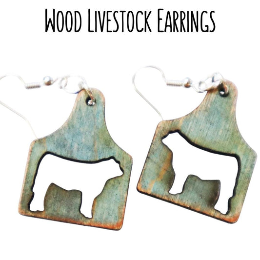 Distressed Tag Steer Earrings – Wood Ear Tag Earrings, Market Steer Jewelry, Livestock, Lightweight, Farm Show Gift, Handmade, Nickel-Free