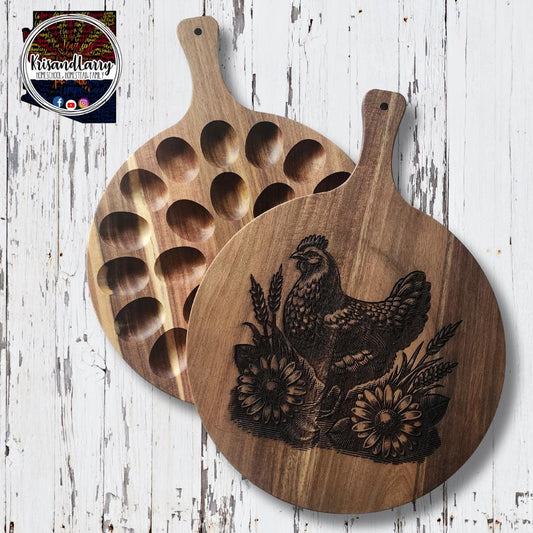 Round Acacia laser etched Deviled Egg Board, 24 eggs, Platter, Cutting Board, Tray, Chicken with flowers