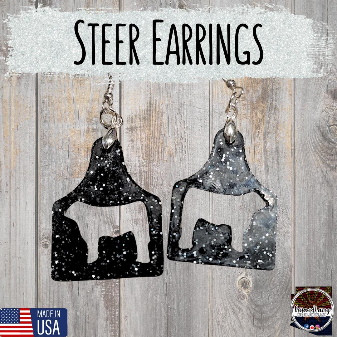 Black Glitter Acrylic Livestock Tag Earrings – Lightweight Show Animal Jewelry – 4H FFA Gift – Farm Girl Style – Goat, Pig, Steer, Lamb,