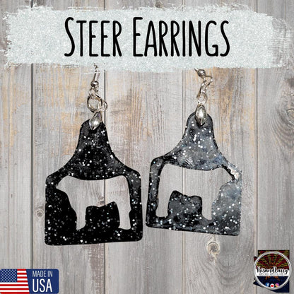 Black Glitter Acrylic Livestock Tag Earrings – Lightweight Show Animal Jewelry – 4H FFA Gift – Farm Girl Style – Goat, Pig, Steer, Lamb,