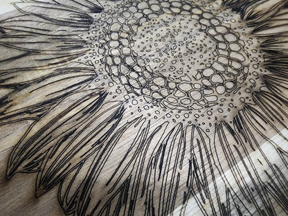 Sunflower Acacia Cutting Board with Handle | Round Rustic Farmhouse Charcuterie Board | Hand-Drawn Floral Art | KrisandLarry