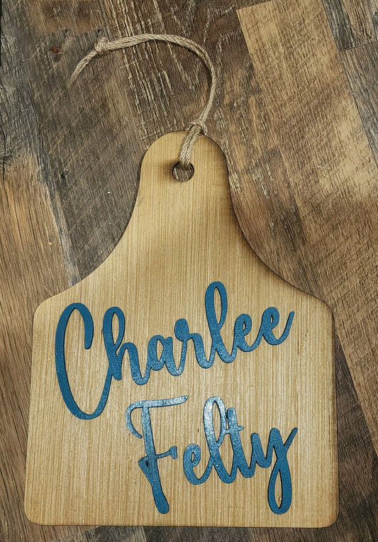 Custom Livestock Animal Stall or Cage Sign, TAG SHAPED with showman name