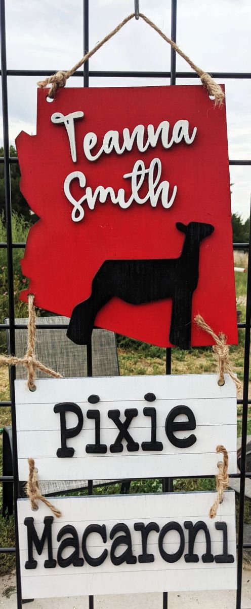 Arizona Stall Sign – Custom State Shaped Livestock Tag for 4H & FFA – Steer, Pig, Goat, Lamb, Turkey, Dairy Goat
