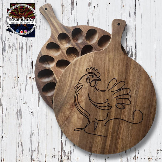 Chicken  Deviled Egg Board, Round Acacia Wood Tray with Original Laser-Etched Art, Holds 24 Eggs, Charcuterie, Cheese, & Cutting Board