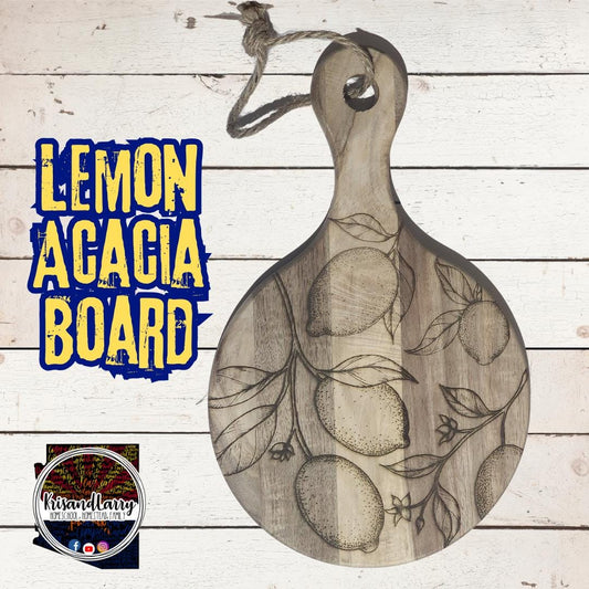 Lemon Leaves Acacia Cutting Board with Handle | Small Round Rustic Charcuterie Tray | Farmhouse Kitchen Gift | KrisandLarry