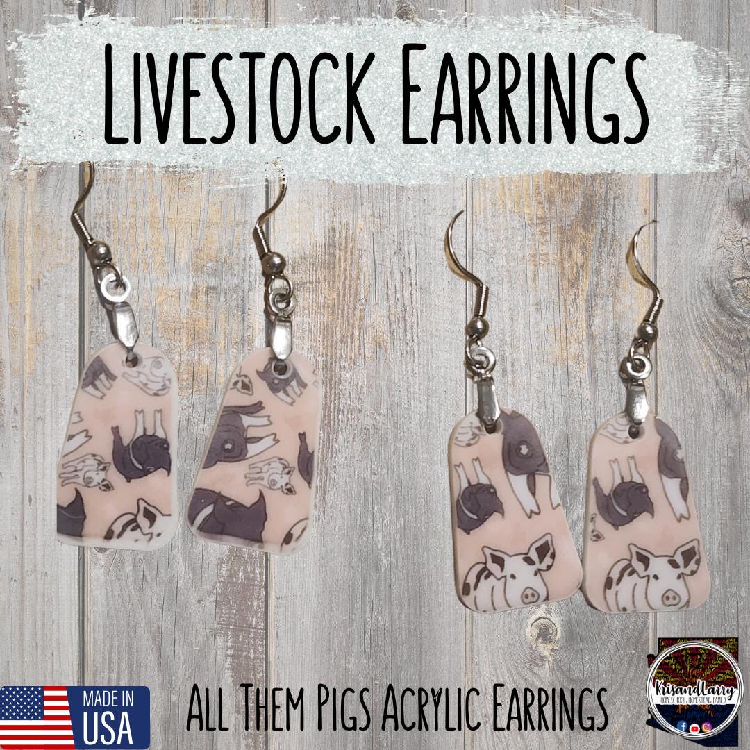 Pig Print Acrylic Earrings – Bell & Round Tag Shapes – Lightweight, 1" Long – “All Them Pigs” Design – Nickel-Free Hooks
