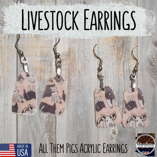 Pig Print Acrylic Earrings – Bell & Round Tag Shapes – Lightweight, 1" Long – “All Them Pigs” Design – Nickel-Free Hooks