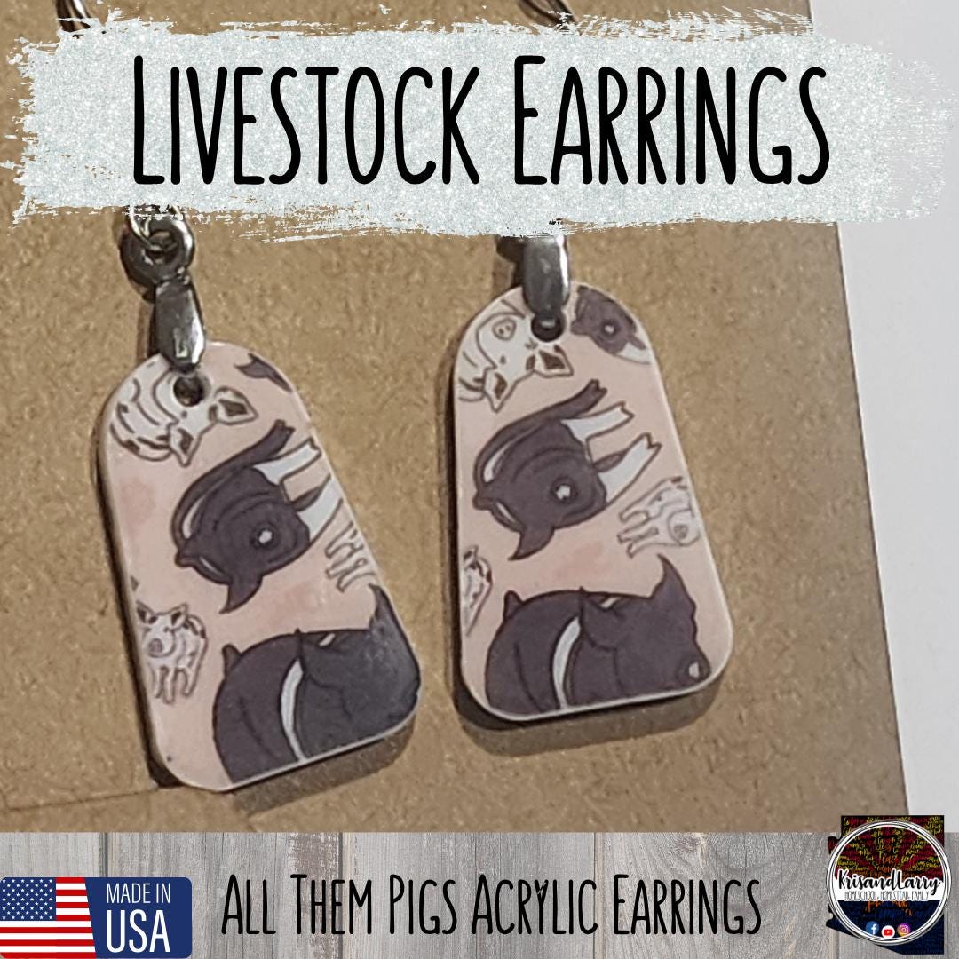 Pig Print Acrylic Earrings – Bell & Round Tag Shapes – Lightweight, 1" Long – “All Them Pigs” Design – Nickel-Free Hooks