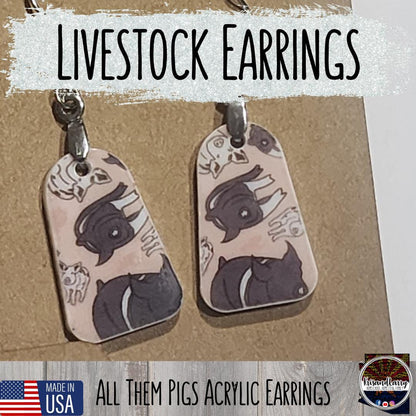 Pig Print Acrylic Earrings – Bell & Round Tag Shapes – Lightweight, 1" Long – “All Them Pigs” Design – Nickel-Free Hooks