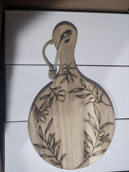Olive Branch Acacia Cutting Board with Handle | Rustic Round Wood Charcuterie Board | Mediterranean Kitchen Gift | KrisandLarry