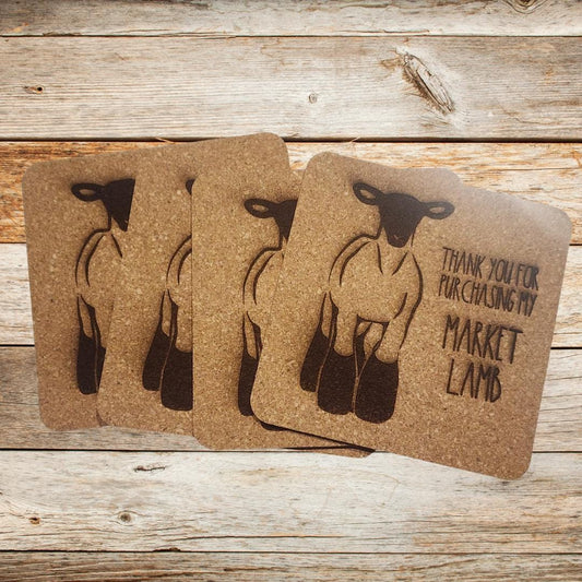 Market lamb, buyer's gift, cork coasters, set of 4, same designs. Thank you gift, livestock