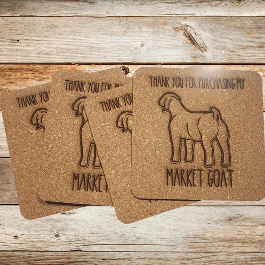 Market goat, buyer's gift, cork coasters, set of 4, same designs. Thank you gift, livestock