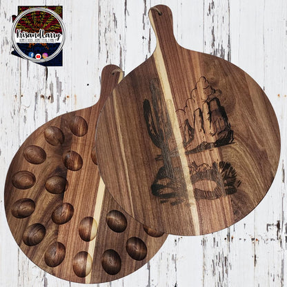 Southwestern Cactus Deviled Egg Board – Acacia Wood Tray – Holds 24 Eggs – Laser-Etched Desert Scene – Charcuterie, Cheese & Cutting Board