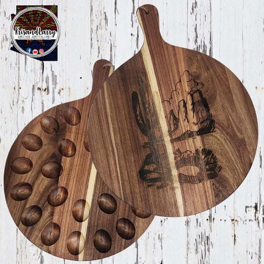 Southwestern Cactus Deviled Egg Board – Acacia Wood Tray – Holds 24 Eggs – Laser-Etched Desert Scene – Charcuterie, Cheese & Cutting Board