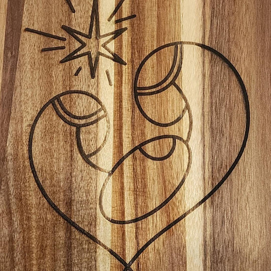 Nativity, Christian, Christmas, Jesus, Mary and Joseph, LOVE, Acacia Cutting Board.