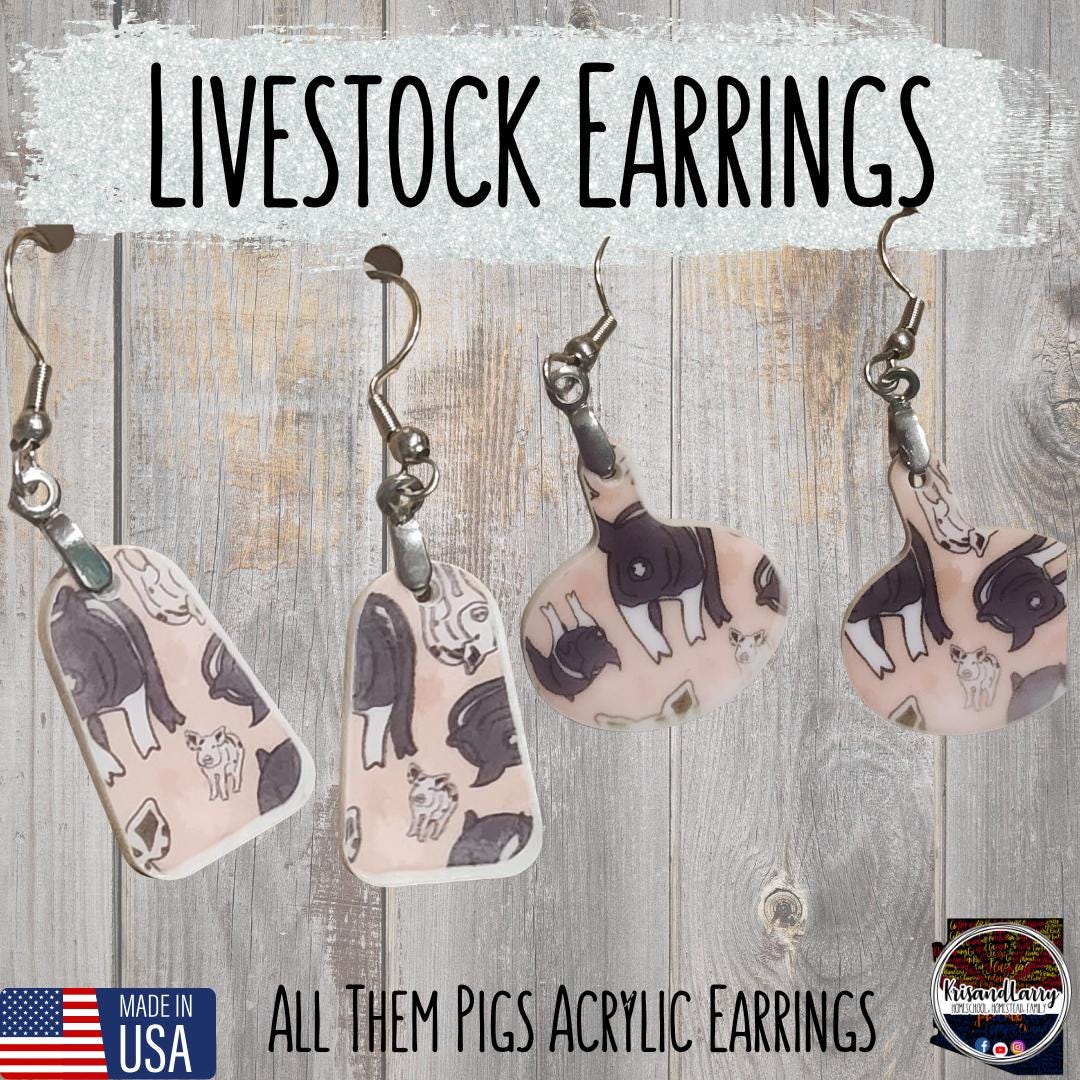 Pig Print Acrylic Earrings – Bell & Round Tag Shapes – Lightweight, 1" Long – “All Them Pigs” Design – Nickel-Free Hooks