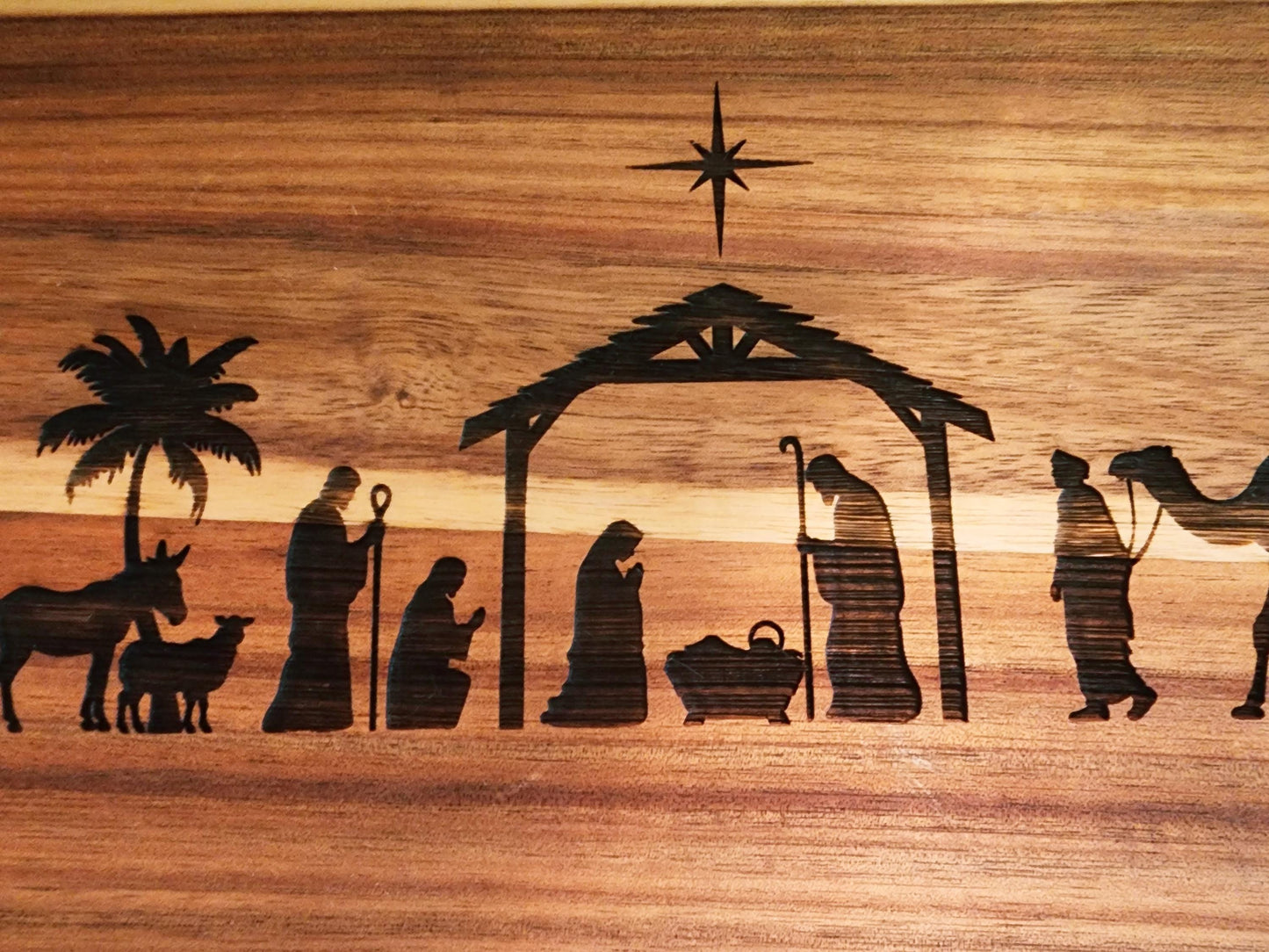 Nativity Acacia laser etched double handled cutting board for Fall, Christmas, original art