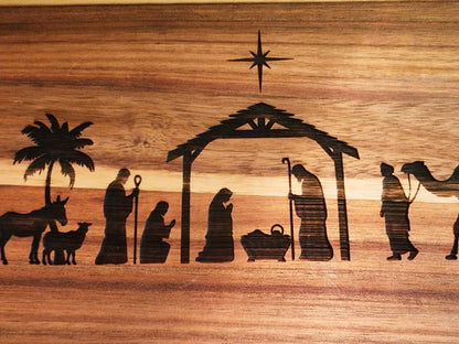 Nativity Acacia laser etched double handled cutting board for Fall, Christmas, original art