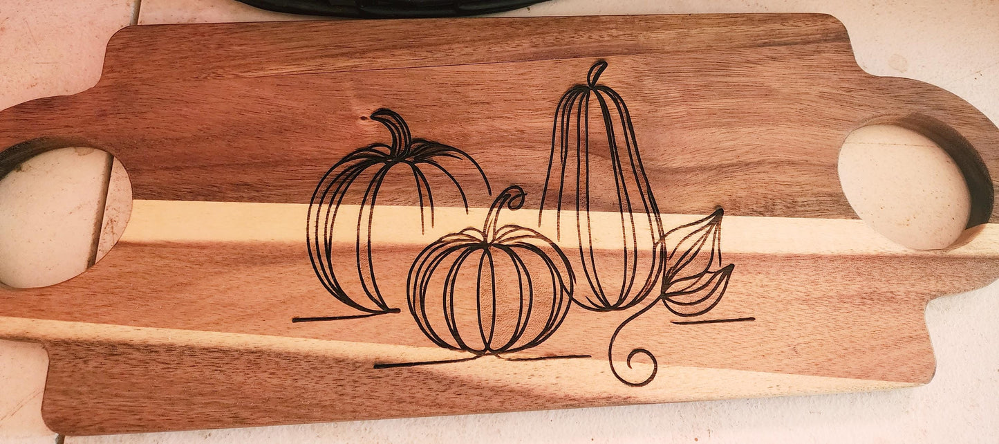 Pumpkin Acacia laser etched double handled cutting board for Fall, Christmas, original art