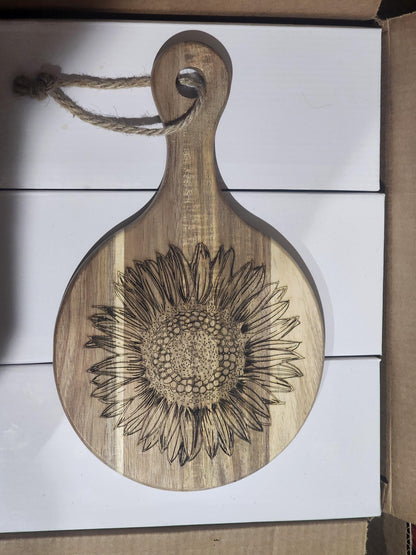 Sunflower Acacia Cutting Board with Handle | Round Rustic Farmhouse Charcuterie Board | Hand-Drawn Floral Art | KrisandLarry