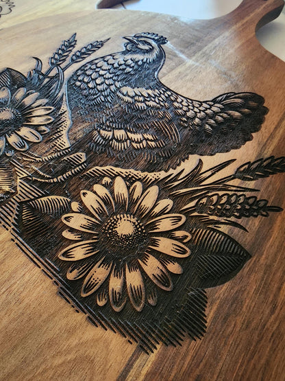 Round Acacia laser etched Deviled Egg Board, 24 eggs, Platter, Cutting Board, Tray, Chicken with flowers
