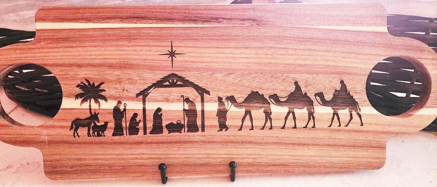 Nativity Acacia laser etched double handled cutting board for Fall, Christmas, original art
