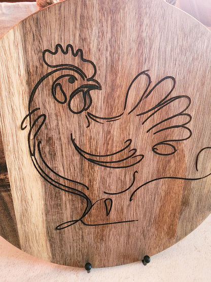 Chicken  Deviled Egg Board, Round Acacia Wood Tray with Original Laser-Etched Art, Holds 24 Eggs, Charcuterie, Cheese, & Cutting Board