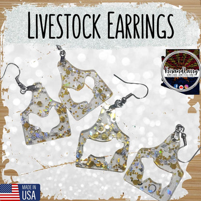 Clear Acrylic Livestock Tag Earrings – Gold & Silver Glitter – Show Animal Cutouts – 4H FFA Gift – Lightweight Farm Jewelry, Pig, Goat, lamb