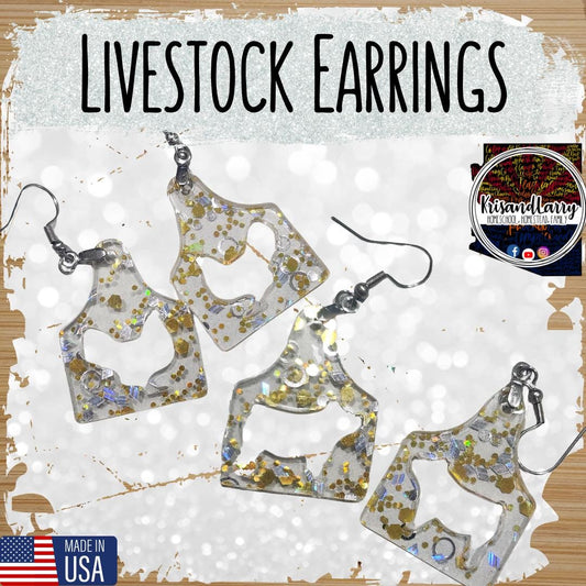 Clear Acrylic Livestock Tag Earrings – Gold & Silver Glitter – Show Animal Cutouts – 4H FFA Gift – Lightweight Farm Jewelry, Pig, Goat, lamb