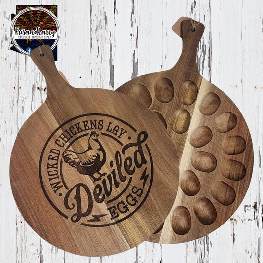 Wicked Chickens Lay Deviled Eggs – Round Acacia Wood Egg Tray – Holds 24 Eggs – Funny Farmhouse Kitchen Board – Charcuterie or Cutting Board